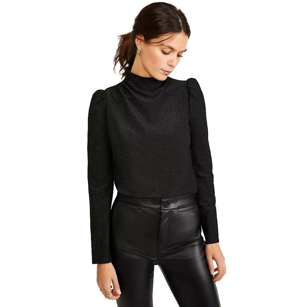 NWT Ann Taylor Womens Size XS Black Shimmer Mock Neck Puff Sleeve Knit Top NEW